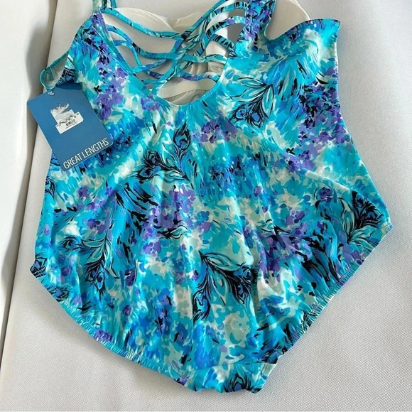 Great Lengths Full Coverage One Piece Swimsuit Size 24 Blue Multi Tummy Control - Picture 7 of 13